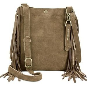 Lucky Brand Ricky Brown Soft Suede Crossbody Bag Fringe Taupe Boho Adjustable